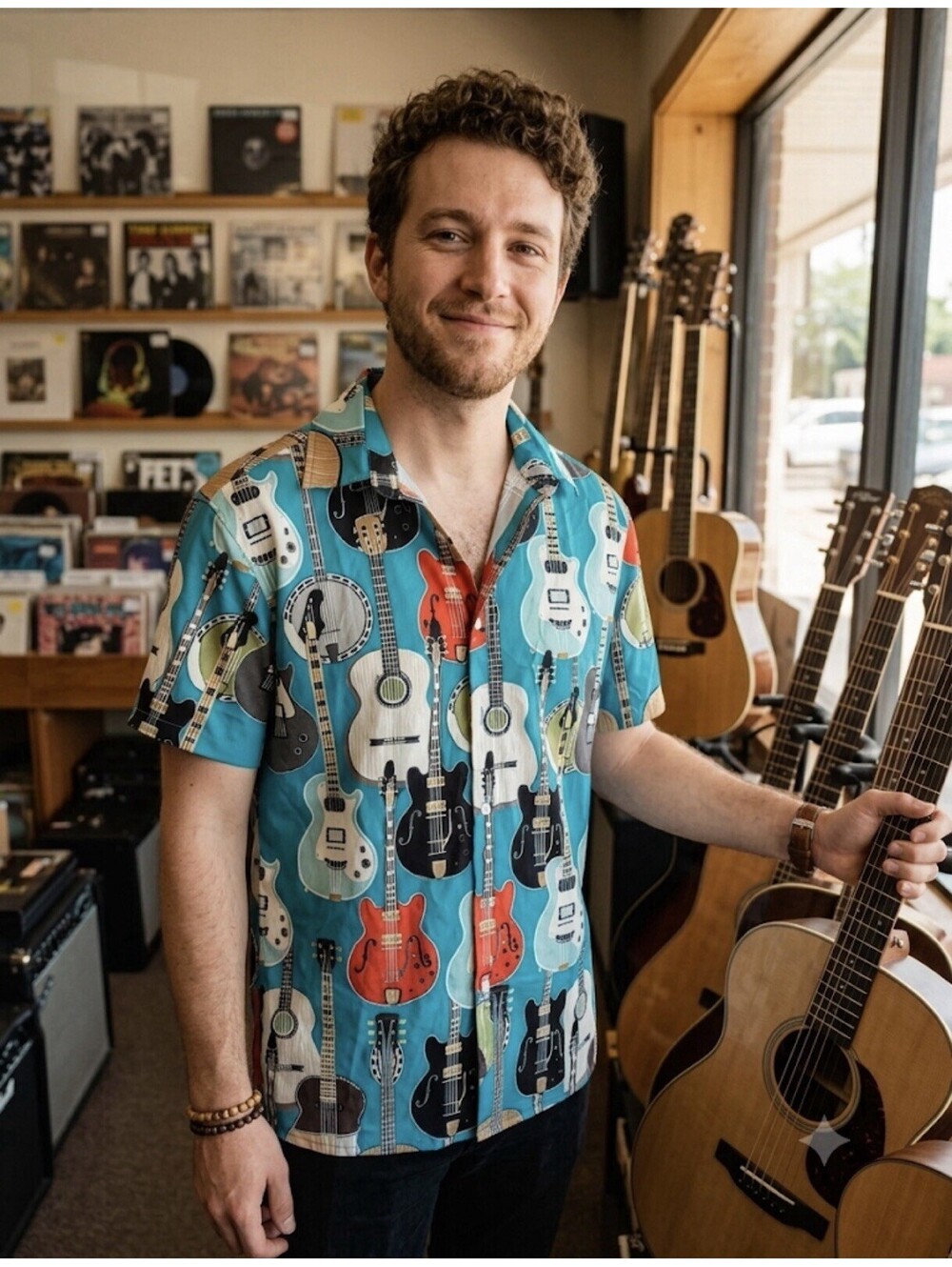 Mens Teal Hawaiian Shirt Short Sleeve Guitar Banjo Music Print Button Up Size M
